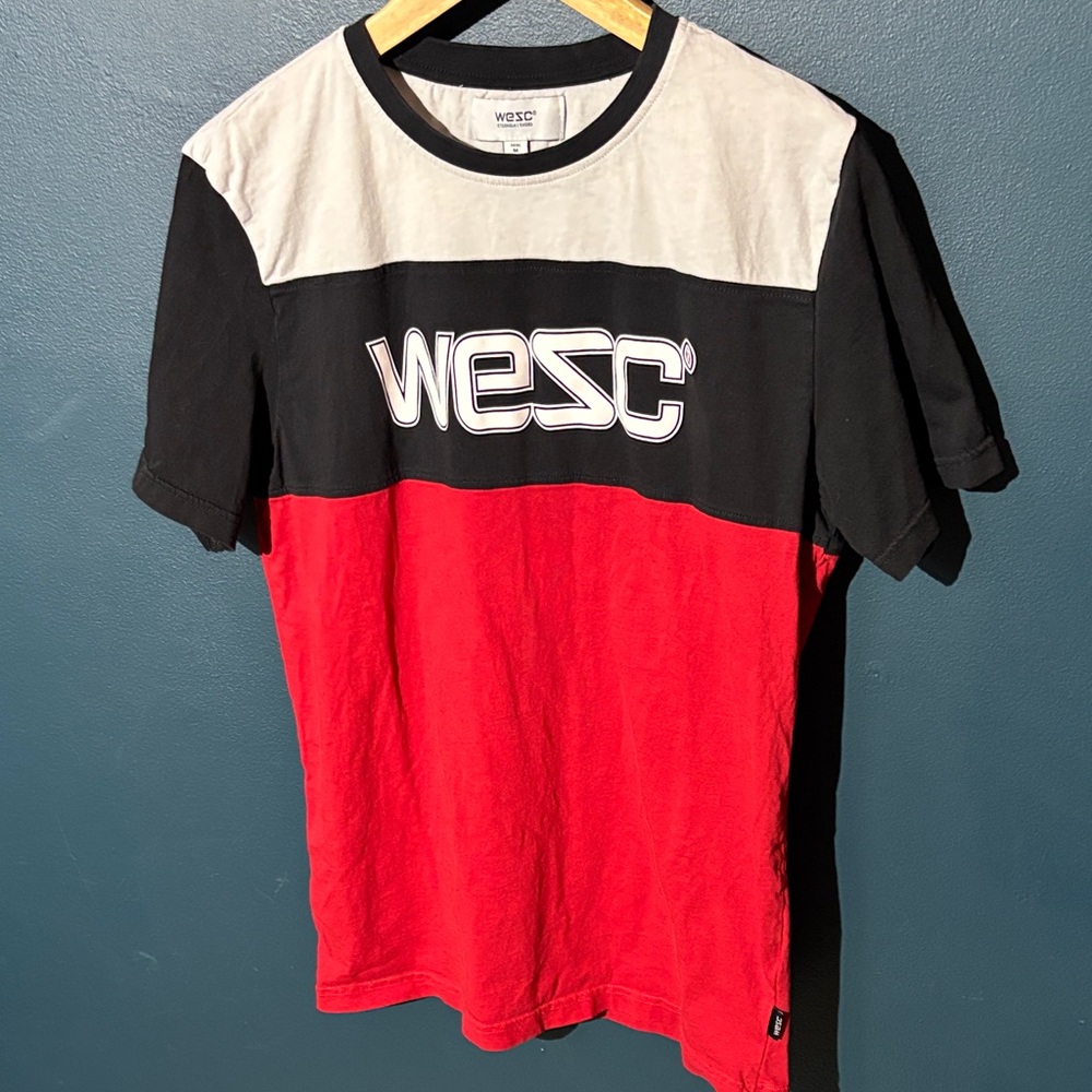 WeSC colorblock graphic t-shirt in black, white, and red